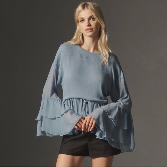 Anthropologie Tops - Elegant Blue Ruffle Sleeve Tunic Blouse by anthropologie
